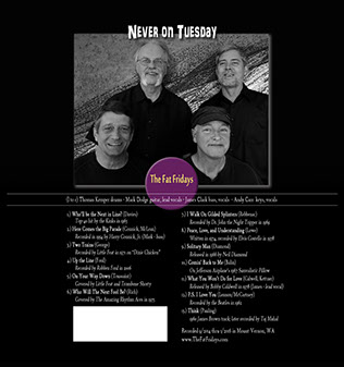 Image of the back cover of the Never on Tuesday CD